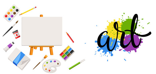 Background with painter tools and materials. Art supplies for creativity.