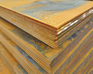 Iron and steel crude sheet metal, detail, in a row, stacked, tank.