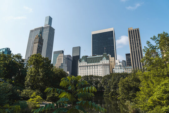 New York city skyscrapers downtown and quiet park with pond