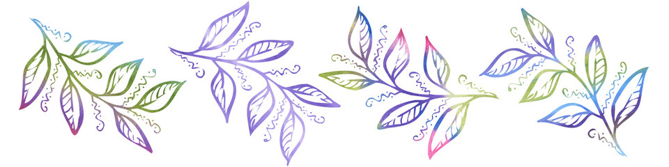 Obraz premium Set watercolor multicolor leave on white background. Provence floral illustration. Blue, green and violet watercolor tropical leave