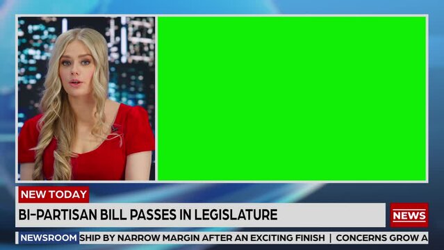 Split Screen TV News Live Report: Female Anchor Talks, Reporting. Reportage Montage with Picture in Picture Green Screen, Side by Side Chroma Key. Television Program Channel Playback. Luma Matte 