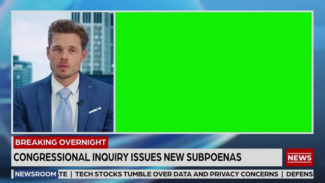 Split Screen TV News Live Report: Male Anchor Talks, Reporting. Reportage Montage with Picture in Picture Green Screen, Chroma Key Display. Television Program Channel Playback. Luma Matte 
