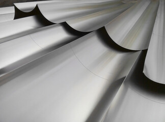 Neatly arranged curved aluminum pieces. industrial aluminum metal pile. silver metal background. close up of a plate