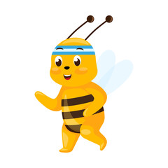 Cute bee running isolated on white background. Smiling cartoon character keep fit.