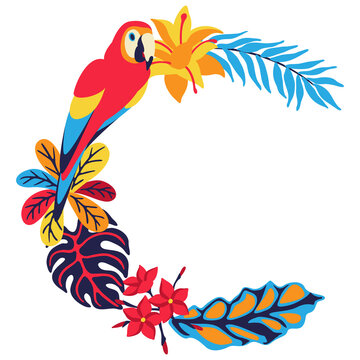 Frame with macaw parrot and tropical plants. Exotic decorative bird, flowers anf leaves.
