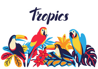 Obraz premium Card with macaw parrot, toucan and tropical plants. Exotic decorative birds, flowers anf leaves.