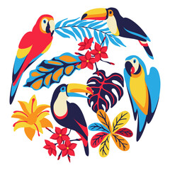 Obraz premium Card with macaw parrot, toucan and tropical plants. Exotic decorative birds, flowers anf leaves.