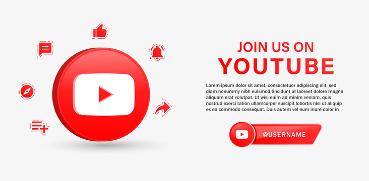 join us on youtube 3d logo for social media icons 3d. follow us on youtube with social media notification icons like comment share save bell icon. post reactions. youtube subscribe banner background