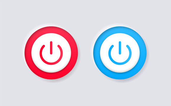 3d power icon button with white neumorphism buttons design. switch turn on off icons buttons. blue red buttons - ui buttons interface	
