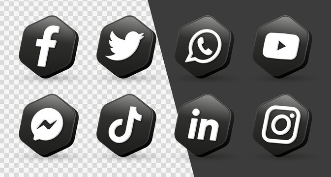 Social media 3d icons. social network 3d logo or networking - popular social media icons in 3d modern circle facebook, instagram, youtube, messenger, twitter, tiktok, whatsapp, linkedin logo icon	
