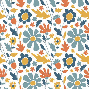 Modern abstract flowers seamless pattern. Blue, yellow and terracotta boho floral vector illustration.
