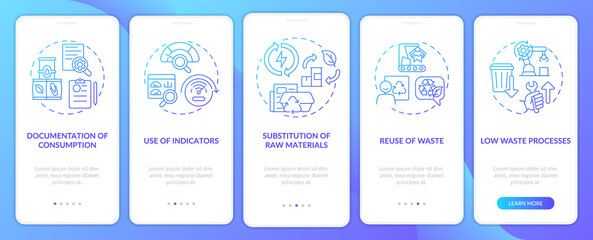 Cleaner production options blue gradient onboarding mobile app screen. Walkthrough 5 steps graphic instructions pages with linear concepts. UI, UX, GUI template. Myriad Pro-Bold, Regular fonts used