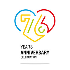 76 years anniversary celebration decoration colorful number bounded by a loving heart modern love line design logo icon white background