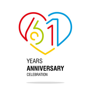 61 years anniversary celebration decoration colorful number bounded by a loving heart modern love line design logo icon white background