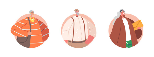 Modern and Elegant Aged Pensioners Round Icon or Avatars. Trendy Old Male and Female Characters Wear Fashionable Clothes
