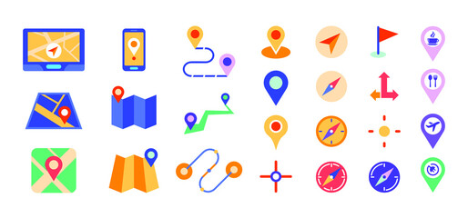 Large set of colorful pin pointers each showing a different vector infographic. Map icons, topography and routes vector collection. Navigation set icons