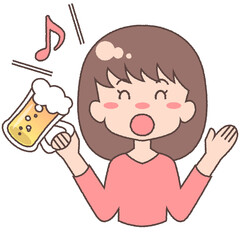 ジョッキビールを持つ歌い上戸の成人女性