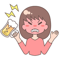 ジョッキビールを持つ怒り上戸の成人女性