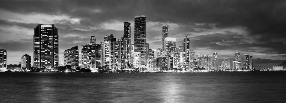 Black and white Miami skyline evening panoramic view
