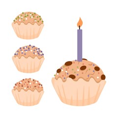 Cupcakes with sprinkles collection. Vector illustration of elements for design.