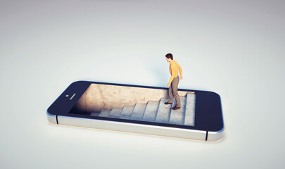 Man on stairs inside a smartphone. - obrazy, fototapety, plakaty