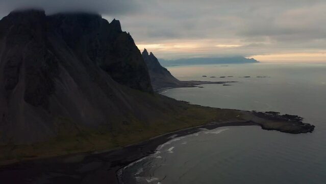 Drone Above Black Sand Beach With Vestrahorn Mountain