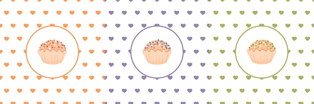 Backgrounds of hearts and patterns of cupcakes with sprinkles set. Seamless pattern design for banners, cards, covers and flyers. Vector illustration.