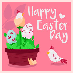 Happy Easter Day spring illustration with plant, eggs and birds for greeting card