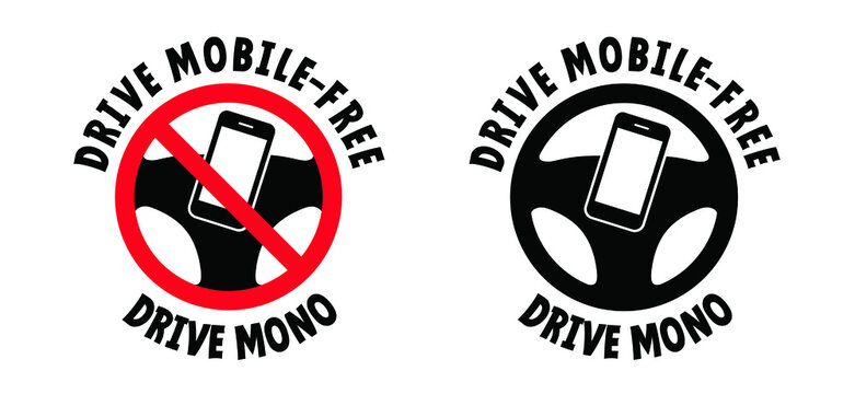 No mobile phones. Drive mobile-free, drive MONO. Vector traffic, road car icon, pictogram. Without distraction from apps or social media posts. Keep your eyes on the road. Mobile phone symbol or logo.