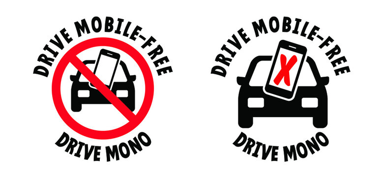 No mobile phones. Drive mobile-free, drive MONO. Vector traffic, road car icon, pictogram. Without distraction from apps or social media posts. Keep your eyes on the road. Mobile phone symbol or logo.