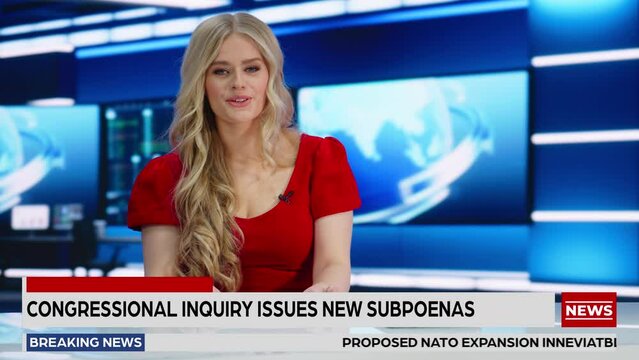 Mock-up Television Channel with Live TV News. Anchorwoman Leads with Diverse Team of  Anchors, Specialists Talking with Experts, Reporting. Program Broadcast Channel Playback. Split Screen Montage