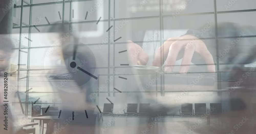 Poster animation of hand of caucasian man using computer over clock moving