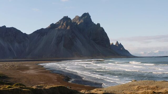 Drone Above Sand Beach With Vestrahorn Mountain