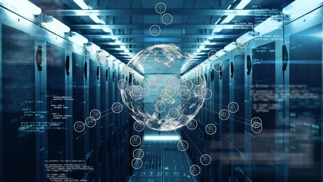 Animation of financial data processing and globe over server room - Powered by Adobe
