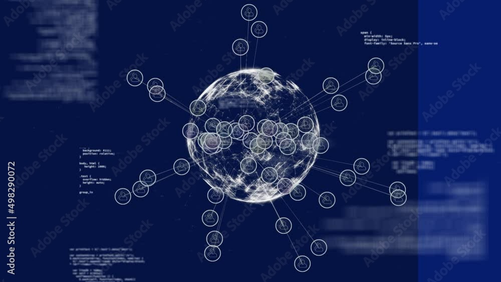 Poster animation of globe and data processing on blue background