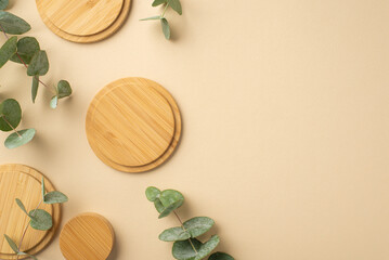 Fototapeta na wymiar No plastic concept. Top view photo of bamboo stands and eucalyptus leaves on isolated beige background with copyspace