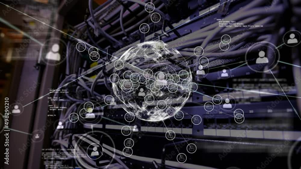 Aufkleber animation of financial data processing and globe over server room