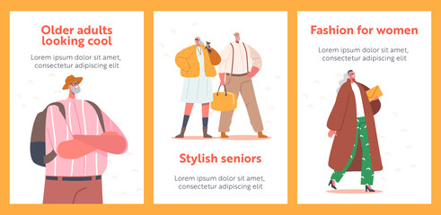 Trendy Modern and Elegant Aged Pensioners Banners. Old Male Female Characters Wear Fashionable Clothes Stylish Seniors