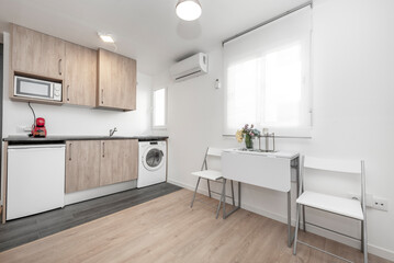 living room and kitchen in furnished studio apartment for short term rental