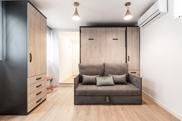 Studio apartment living room with matching wooden furniture with pull-out sofa bed and wooden flooring