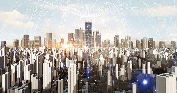 Modern Smart City Abstract Futuristic High Speed Network Connections. Technology Related 3D Animation.