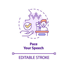 Pace your speech concept icon. Develop and practice talking. Step to charisma abstract idea thin line illustration. Isolated outline drawing. Editable stroke. Arial, Myriad Pro-Bold fonts used