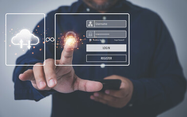 Cyber security login by password concept. User login identification personal information for the security of privacy protection data. Use password input login. Businessman touching on virtual screen.