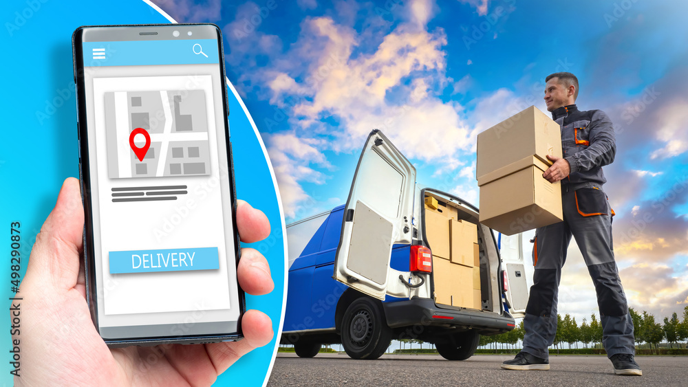 Poster parcel delivery. an application for tracking delivery on a smartphone. ?ourier unloads the boxes fro