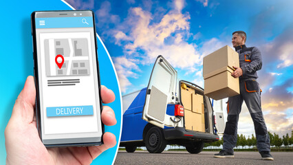 Parcel delivery. An application for tracking delivery on a smartphone. ?ourier unloads the boxes from the car. The mobile application of the delivery service. E-map for delivery men.