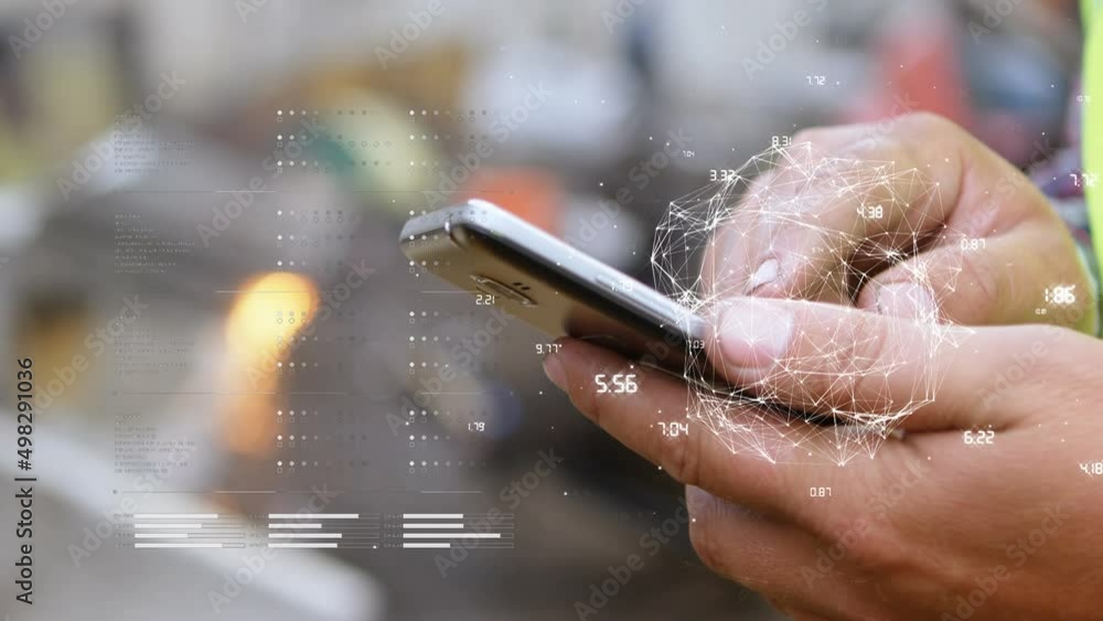 Poster Animation of financial data processing over biracial man using smartphone