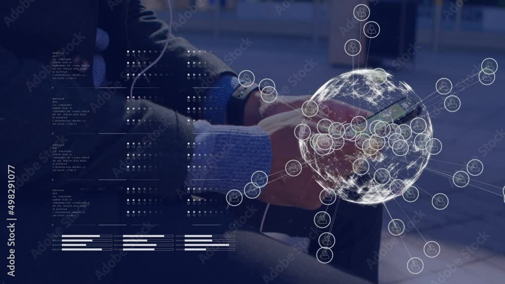 Poster animation of financial data processing over biracial man using smartphone