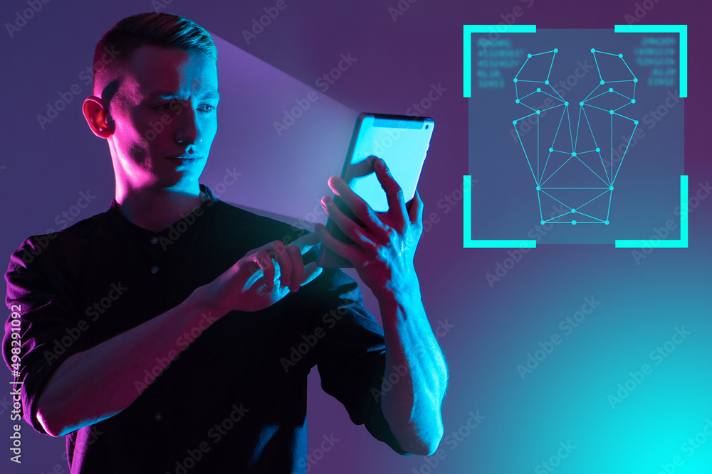 Poster biometric identification by gadget. facial recognition technology scan and detect people face for id