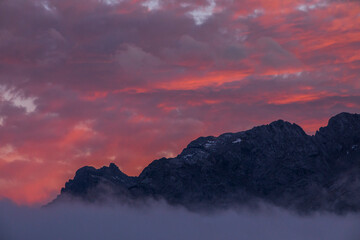 Sunset in Dolomites mountains, Alps, northern Italy
