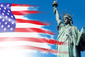 American flag and Statue of Liberty. News from America. National symbols of the USA. American...